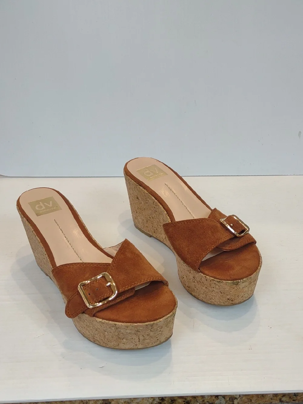 Dolce Vita Hazelwood Brown Suede Cork Wedge Slide with Gold-Tone Buckle Detail